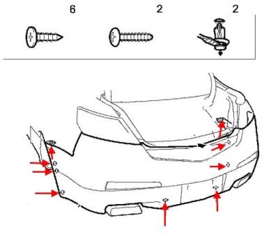 diagrama de fijación del parachoques trasero Acura TL (2008-2014)