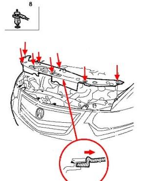 схема крепления переднего бампера Acura TSX (2008-2014)