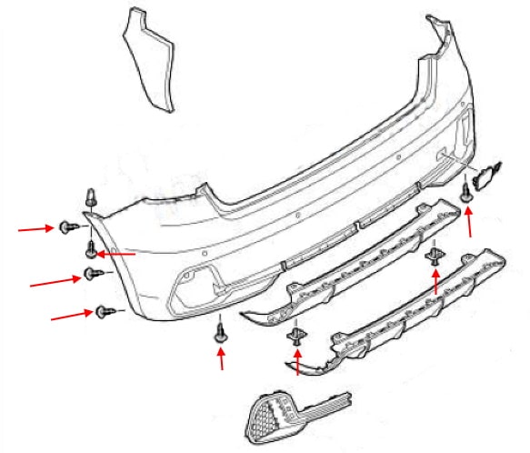 Схема крепления заднего бампера Audi A1 II (GB) (2018+)