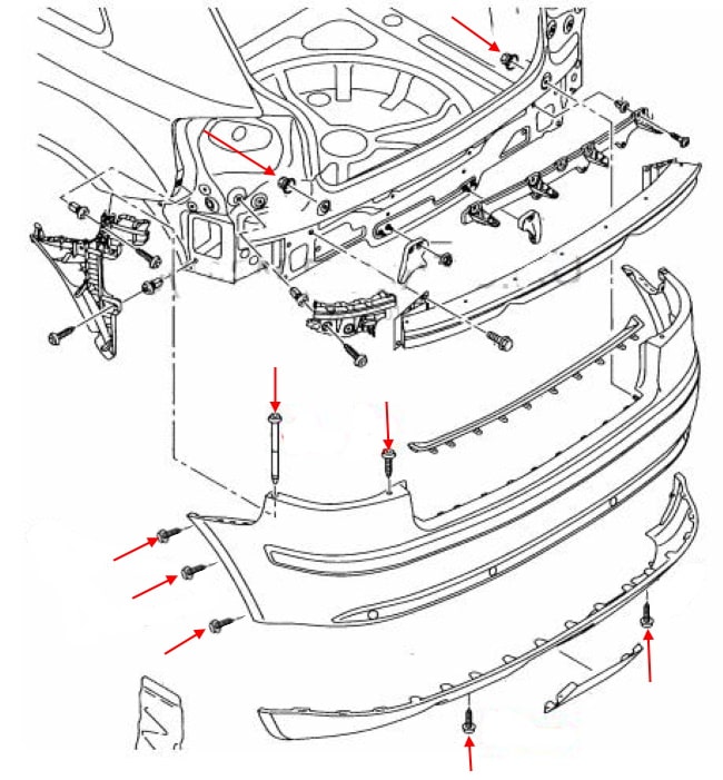 Схема крепления заднего бампера Audi A3 II 8P (2003-2013)