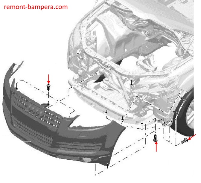 Схема крепления переднего бампера Audi Q7 I 4L (2005-2015)