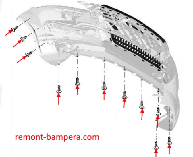 Esquema de montaje del parachoques delantero Audi Q7 I 4L (2005-2015)