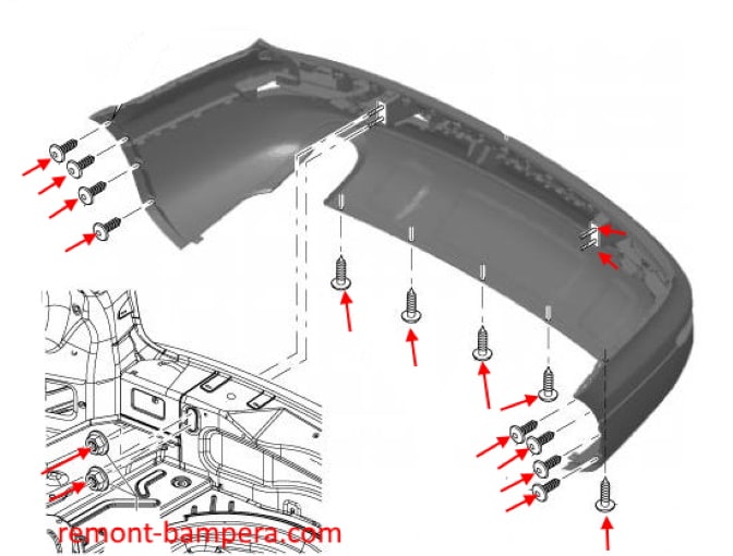 Схема крепления заднего бампера Audi Q7 I 4L (2005-2015)