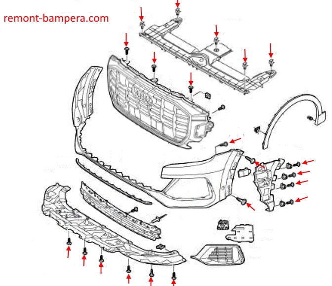 Схема крепления переднего бампера Audi Q8 I (2018+)