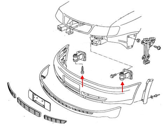 Schéma de montage du pare-chocs avant Audi A6 I C4 (1994-1997)