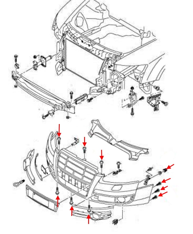 Esquema de montaje del parachoques delantero Audi A6 III C6 (2004-2011)
