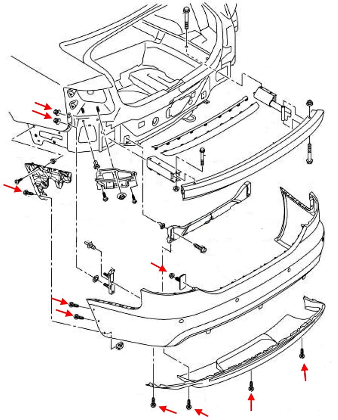 Схема крепления заднего бампера Audi A6 III C6 (2004-2011)