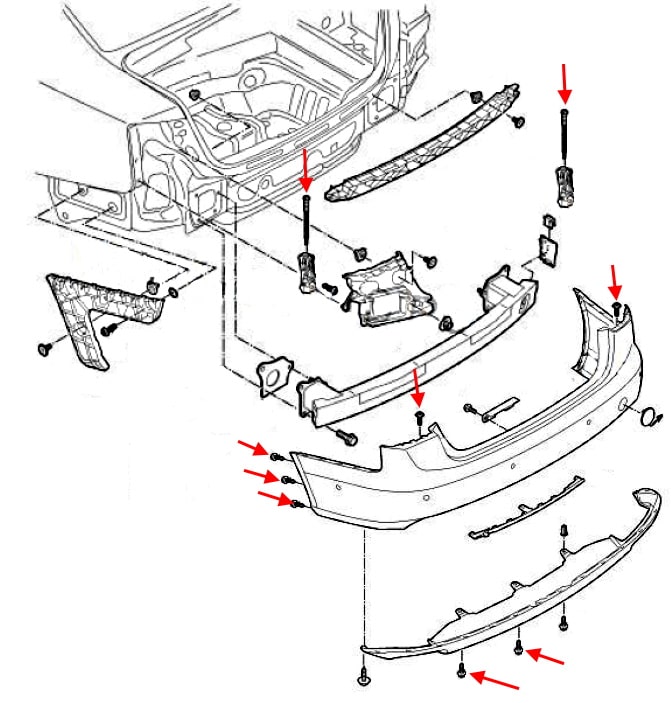 Esquema de montaje del parachoques trasero Audi A6 IV C7 (2011-2018)