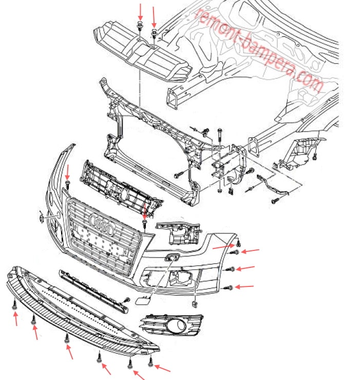 Esquema de montaje del parachoques delantero Audi A7 I 4G (2010-2018)