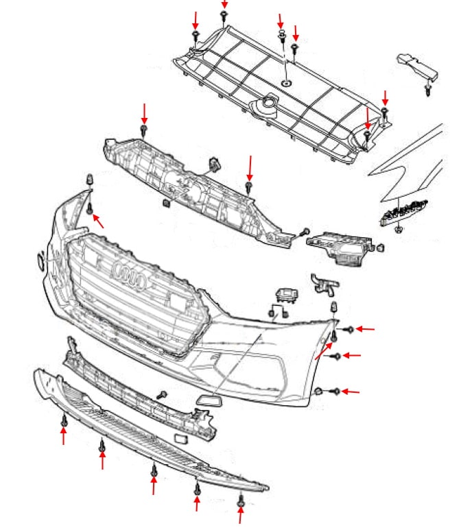 Схема крепления переднего бампера Audi A7 II 4K (2019+)