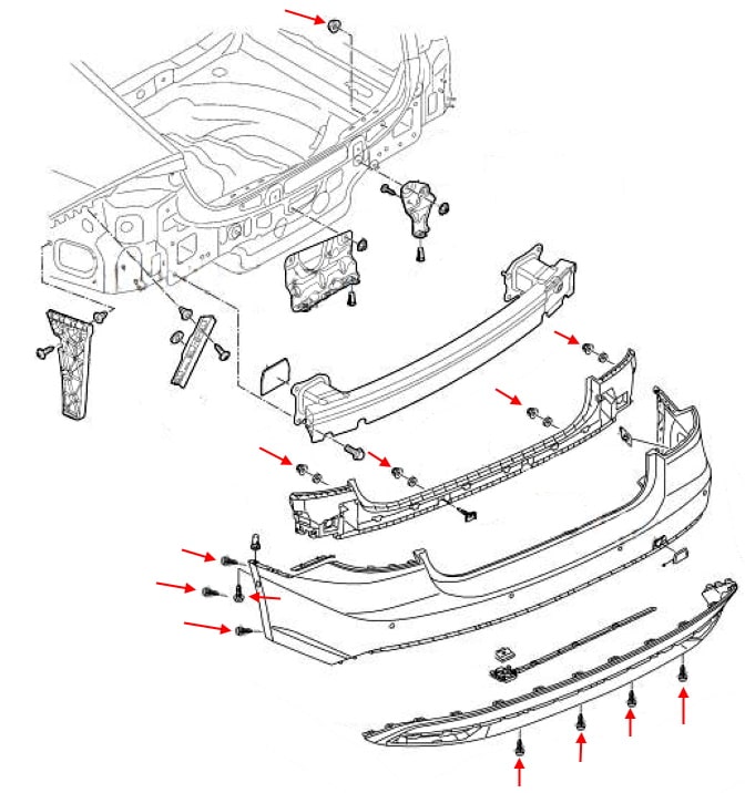 Схема крепления заднего бампера Audi A7 II 4K (2019+)
