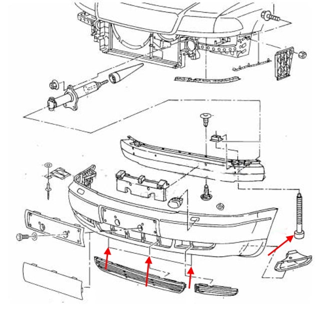 Schéma de montage du pare-chocs avant Audi A8 I D2 (1994-2002)