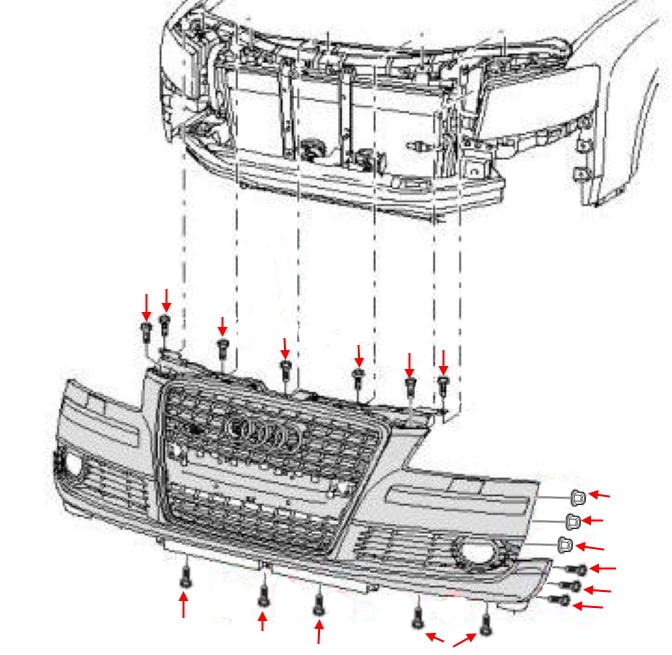 Схема крепления переднего бампера Audi A8 II D3 (2003-2009)
