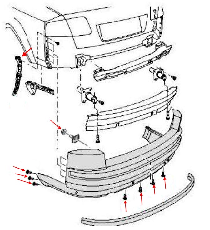 Esquema de montaje del parachoques trasero Audi A8 II D3 (2003-2009)