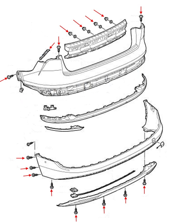 Diagrama de montaje del parachoques trasero Audi e-tron I (2018+)