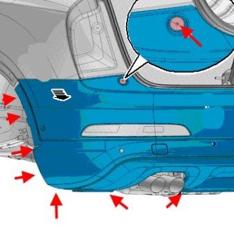 схема крепления заднего бампера Audi Q3 I 8U (2011-2018)