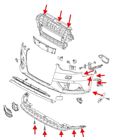 Schéma de montage du pare-chocs avant pour Audi A3 III 8V (2013-2020)