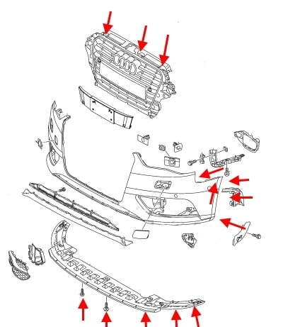 Esquema de montaje del parachoques delantero para Audi A3 8V (2012+)