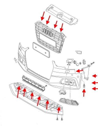 Schéma de montage du pare-chocs avant Audi A4 B9 (2015+)