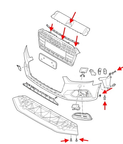 Diagramm zur Befestigung der vorderen Stoßstange für den Audi A5 II (2016+)