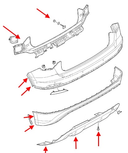 Diagrama de montaje del parachoques trasero del Audi Q2
