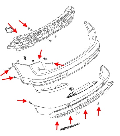 Rear bumper mounting diagram for Audi Q5 II (2017+)