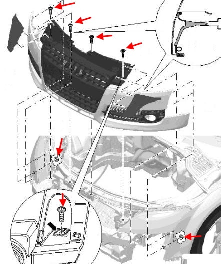 Схема крепления переднего бампера Audi TT 8J (2006-2014)