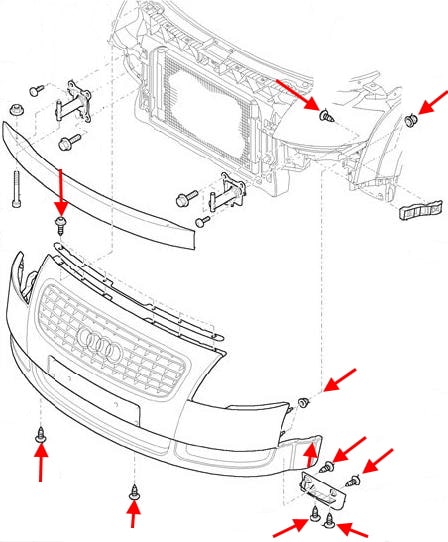 Schéma de montage du pare-chocs avant pour Audi TT 8N (1998-2006)