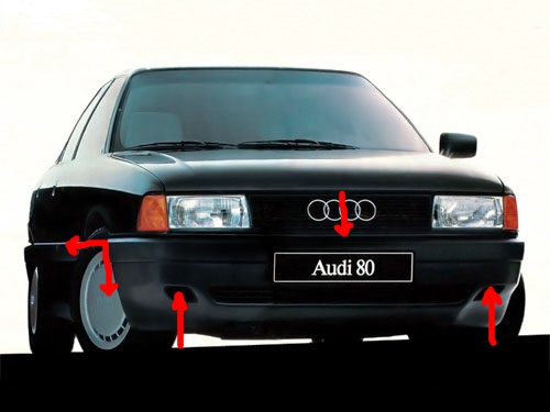 Befestigungspunkte für die vordere Stoßstange Audi 80 B3 (1986-1992)
