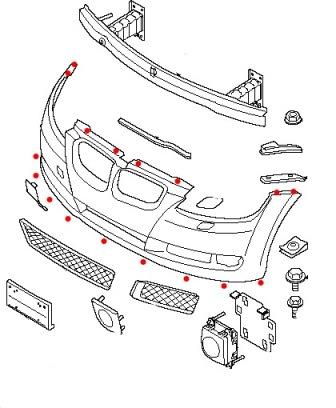 Diagrama de montaje del parachoques delantero BMW serie 1 (E81, E82, E87, E88)