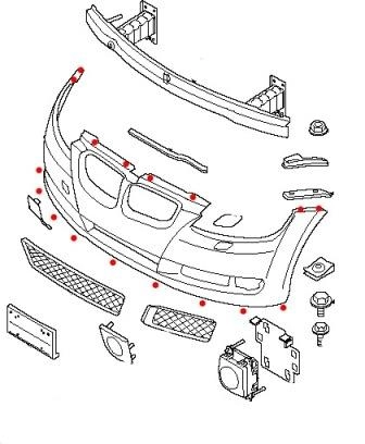Schéma de montage du pare-chocs avant de la BMW Série 1 (E81, E82, E87, E88)