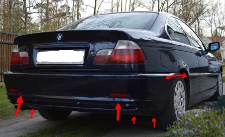 points de fixation du pare-chocs arrière BMW Série 3 E46