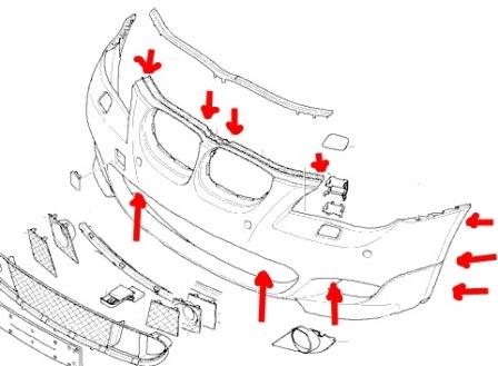 Diagrama de montaje del parachoques delantero BMW serie 5 E60 (E61)