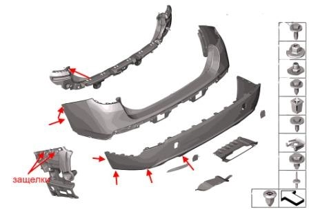 Montageschema für die hintere Stoßstange des BMW X1 (E84)