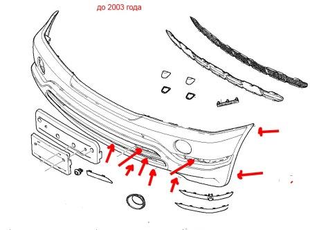 Diagrama de montaje del parachoques delantero BMW X5 E53 
