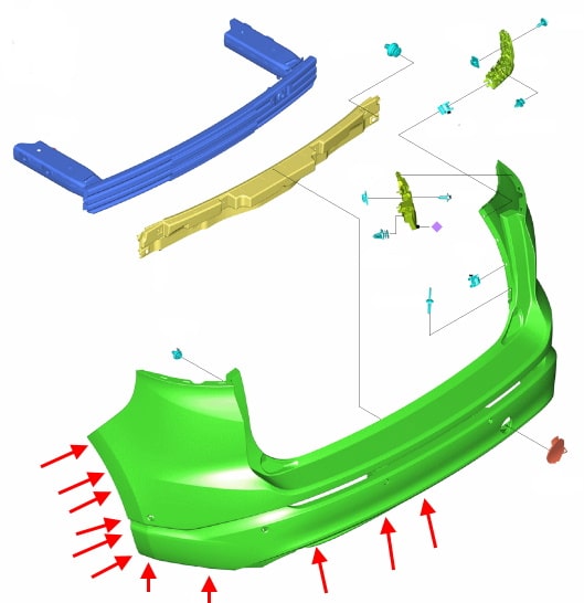 Diagrama de montaje del parachoques trasero Ford Edge 2 (2015+)