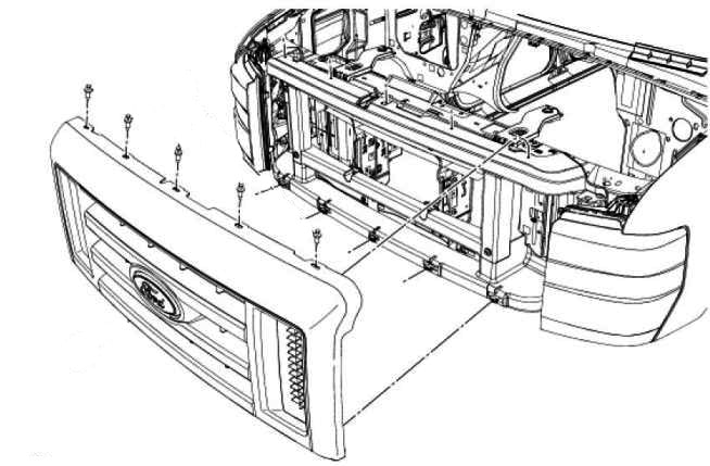 Diagrama de montaje de la parrilla del radiador de la serie E de Ford (Econoline)