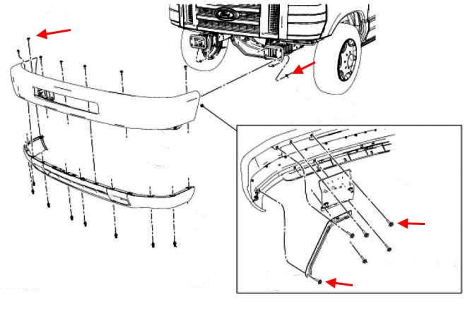 Diagrama de montaje del parachoques delantero de la serie E de Ford (Econoline)