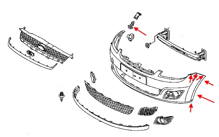 Front bumper mounting diagram Ford Fiesta (2002-2008)