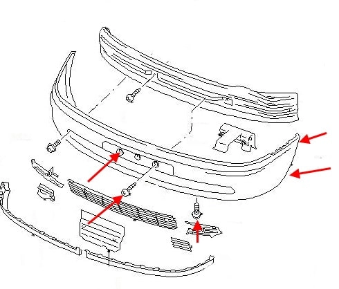 Схема крепления переднего бампера Ford Galaxy (1995-2000)