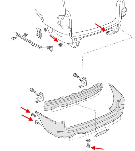 Diagrama de montaje del parachoques trasero Ford Galaxy (1995-2000)