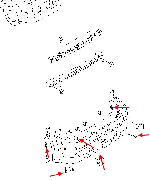 Схема крепления заднего бампера Ford Maverick (2000-2007)