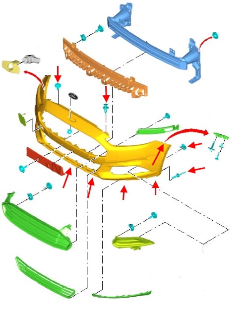Diagrama de montaje del parachoques delantero Ford Mondeo Mk5 (2013-2019)