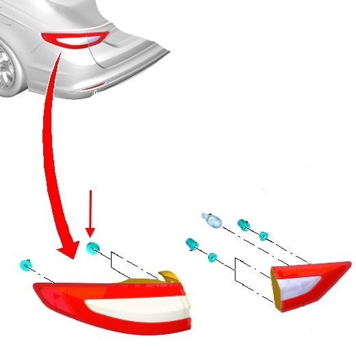 Diagrama de montaje de la luz trasera Ford Mondeo Mk5 (2013-2019)