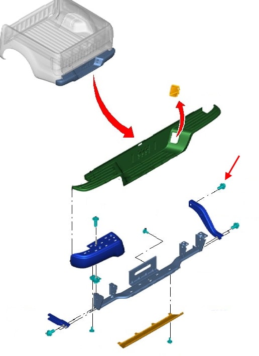 Diagrama de montaje del parachoques trasero Ford Ranger (2011-2015)