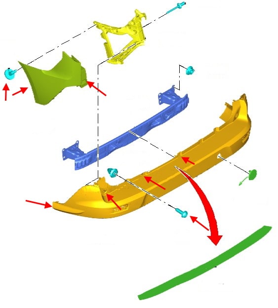 Diagrama de montaje del parachoques trasero Ford Tourneo / Transit Connect (2013+)