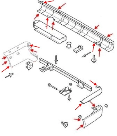 Montageschema der hinteren Stoßstange Ford Transit (2006-2013)