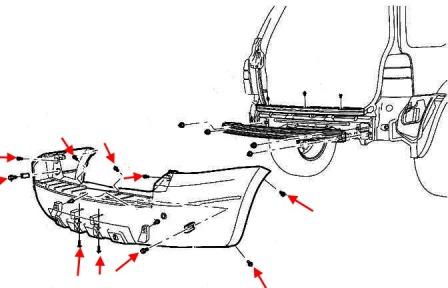 esquema de montaje del parachoques trasero Ford Escape (2001-2007 en adelante)