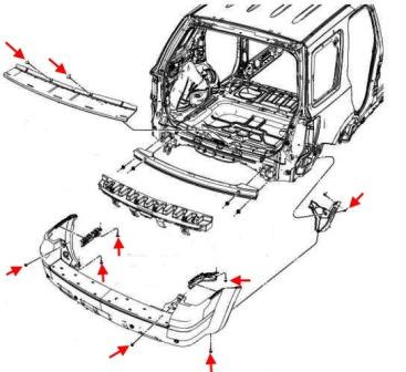 Montageschema für die hintere Stoßstange des Riegels in den Flügeln des Ford Escape (ab 2007 - 2012)