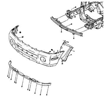 the scheme of fastening of the front bumper of the Ford Explorer III (2002-2005)